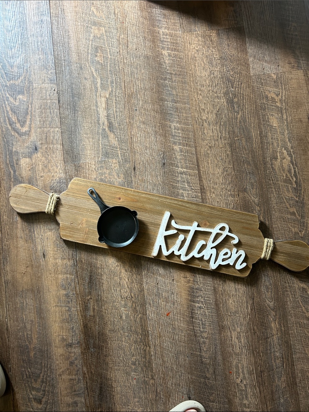Rustic Wooden 'Kitchen' Wall Sign with Mini Cast Iron Skillet - Brown & Black